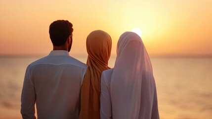 Silhouetted couple walking hand in hand along the serene beachfront at sunset enjoying a peaceful and romantic summer escape together  The warm glowing sky and calm