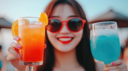 Joyful Asian woman in stylish sunglasses smiling and enjoying cocktails with her friends at a lively tropical rooftop bar exuding a carefree summer vacation vibe