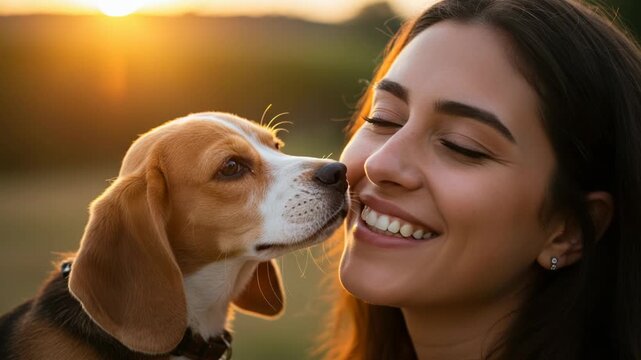 Young woman smiling as beagle dog kisses her cheek at sunset