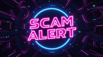 A vibrant digital graphic displaying 'SCAM ALERT' in neon pink against a futuristic background.