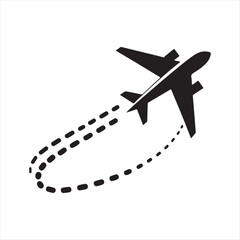 Plane flying with dotted travel path vector silhouette line art logo design concept illustration