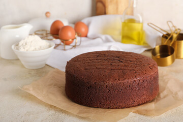 Tasty chocolate sponge cake with eggs, flour and bottle of oil on light grunge background