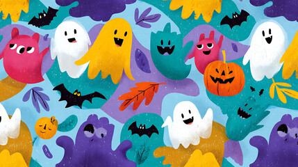 Playful Halloween ghosts on cute pastel background, a child-friendly spooky season graphic. (活泼的万圣节幽灵在可爱的粉彩背景上，是适合儿童的恐怖季节图形。)