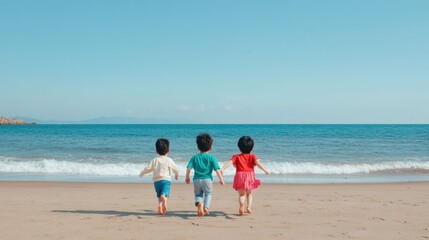 Joyful Asian Children Running Towards the Ocean Waves on a Sunny Summer Day  Kids Enjoying Carefree Fun and Freedom at the Idyllic Coastal Beach Scene