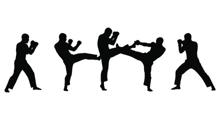 Series of martial artists demonstrating dynamic poses in black silhouette