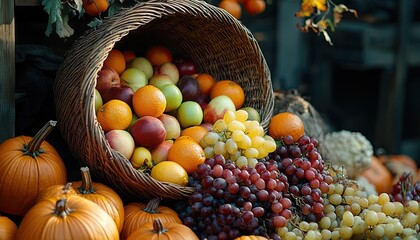 Wicker cornucopia overflowing with autumn fruit and pumpkins
