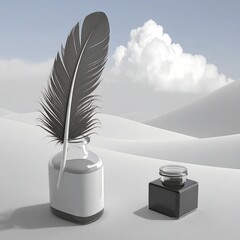 Quill and ink bottles in a desert landscape