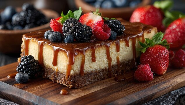 Caramel-drizzled cheesecake bar topped with fresh berries