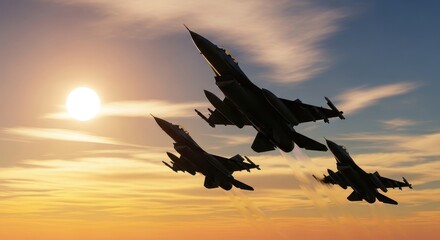 Three sleek fighter jets in tight formation silhouetted against a vibrant golden hour sunset sky