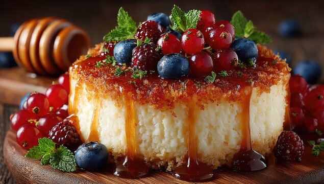 Caramelized rice cake topped with berries