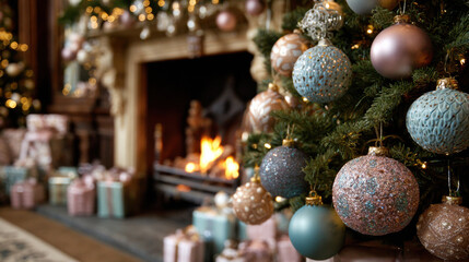 Luxury Christmas decorations in pastel colors near fireplace