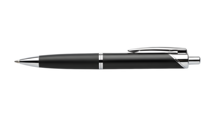 Closeup of a sleek black ballpoint pen with silver accents, isolated on transparent background, perfect for writing, signing, or office use