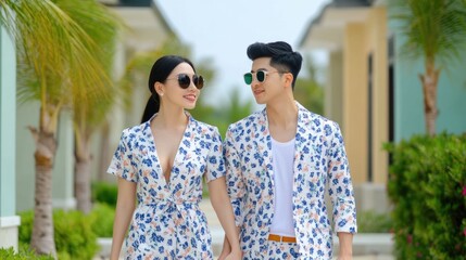 Naklejka premium Asian couple in coordinated outfits enjoying a romantic getaway and exploring the grounds of a tropical beachfront resort