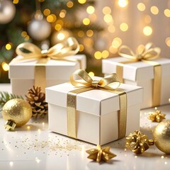 Festive white gift boxes with gold accents