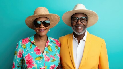 Cheerful elderly African couple sitting together and sipping tropical coconut drinks while relaxing under a thatched beach hut on a sunny summer day