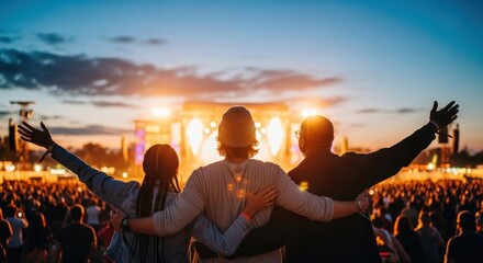 Three friends with arms outstretched at a vibrant outdoor music festival concert at sunset