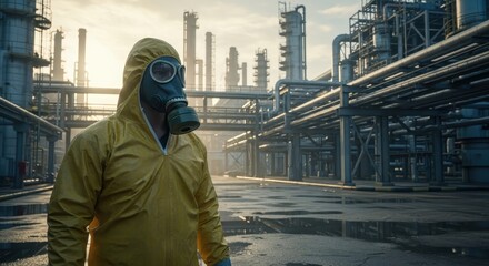 Man in protective yellow hazmat suit and gas mask at a large industrial chemical plant