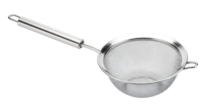 Stainless steel strainer with handle, isolated on transparent background, perfect for straining tea, juice, or sifting flour in the kitchen