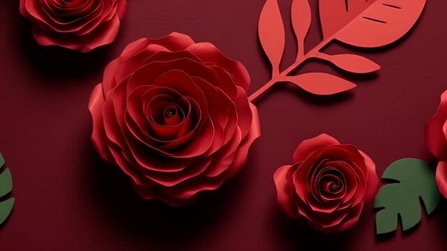 Beautiful Red Paper Roses and Leaves Arrangement on Dark Red Background.