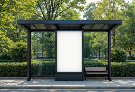 white blank advertising billboard. street mockup panel. digital lightbox poster ad banner board. bus shelter advertising. green park background. vertical format sign.