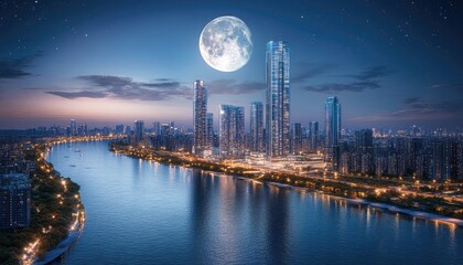 City skyline at night, illuminated skyscrapers, full moon