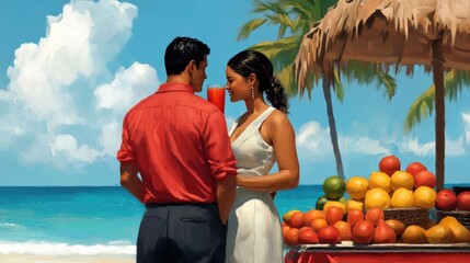 Affectionate Asian couple sipping tropical smoothies and enjoying the scenic beauty of a fruit stand near the pristine beach and tranquil ocean waters on their idyllic vacation getaway