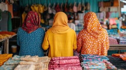 Muslim Women Browsing and Shopping for Colorful Beach Souvenirs and Local Handcrafted Items at a Traditional Marketplace in an Urban Setting