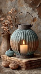 Round lantern with candle and dried plants on rustic book