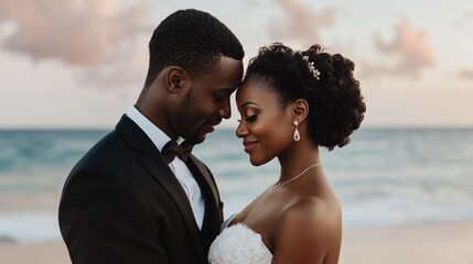 Joyful African Newlywed Couple Dancing Barefoot on Tropical Beach Under the Glow of Fairy Lights as the Sun Sets in the Distance Celebrating Their Love and New Union in a Romantic