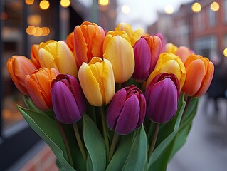 Bouquet of colorful tulips in orange, yellow, and purple, captured in great detail. Use this for spring, celebration, or floral themed design projects and websites.