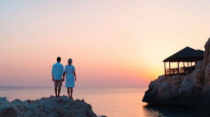 A loving couple silhouetted against the breathtaking view of a vibrant sunset over the ocean standing on a tranquil coastal cliffside and taking in the serene and picturesque landscape