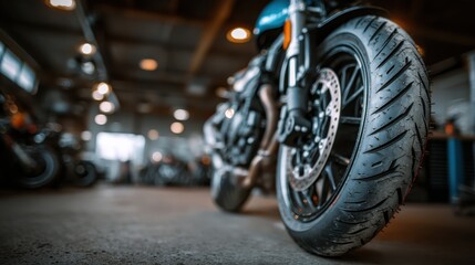 Obraz premium Close-up of a motorcycle tire in a garage with blurred background lights and other bikes, highlighting detail and texture of the tire tread.