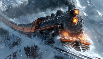 Steam train hurtling through snowy mountain pass