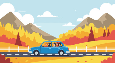 A family enjoys a scenic road trip through autumn mountains with vibrant fall foliage.