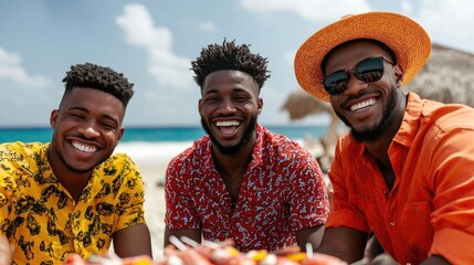 A vibrant group of young African friends enjoying a lively seafood barbecue on the beach during their summer vacation  They are laughing smiling and bonding over the festive gathering