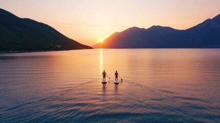 Silhouettes of two people paddleboarding on a calm lake at sunset with the reflection of the mountains and the sky visible in the water  The tranquil