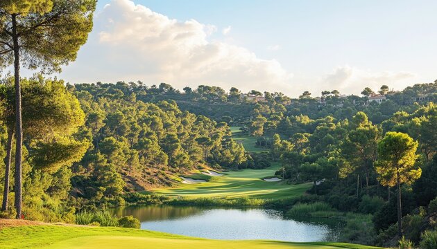 Sunny golf course with lush greenery and a tranquil lake - Powered by Adobe