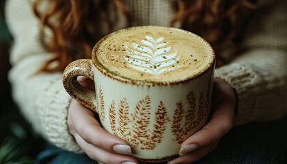 Woman holds latte with fern art in a textured mug and soft sweater. Ideal for coffee shops, autumnal themes, or cozy lifestyle blogs.