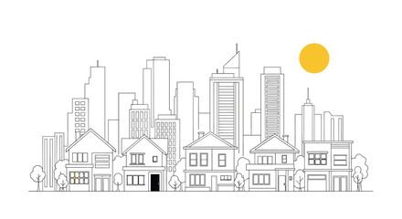 Fototapeta premium A minimalist line drawing of a city skyline under a bright yellow sun.