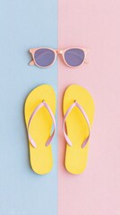 Minimal flat lay with yellow flip flops and sunglasses