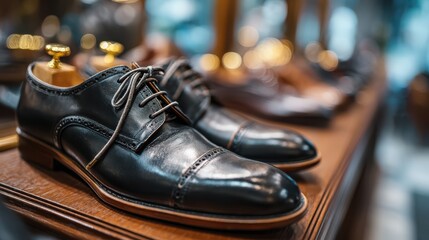 A close-up of polished black leather dress shoes displayed on a wooden surface, with a blurred background of other shoes in a store setting.