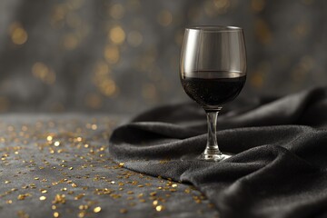 Elegant wine glass on black fabric with gold confetti luxurious studio photography celebratory atmosphere
