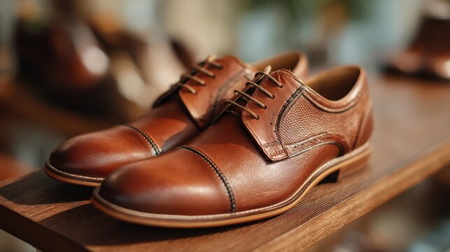 A pair of stylish brown leather dress shoes neatly displayed on a wooden surface, highlighting craftsmanship and elegance. - Powered by Adobe