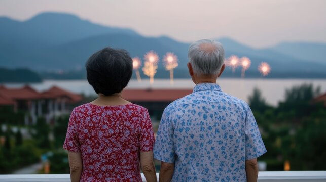 An elderly Caucasian couple enjoying the view of colorful fireworks from the balcony of their luxury beach villa set against the backdrop of a scenic mountain landscape at sunset