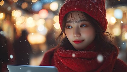Young woman in red knitwear looks at her tablet in snowy, bokeh-lit night. Use for holiday, tech, or cozy winter mood stock photos and designs.