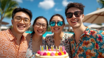 Group of happy Asian friends celebrating a birthday party together with a cake in a poolside cabana setting during a tropical vacation or summer holiday