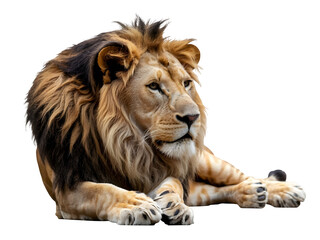 Obraz premium Majestic lion lying down isolated on transparent background looking to the side