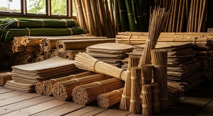 Meticulously sorted bundles of natural rattan canes and woven palm frond mats in a workshop