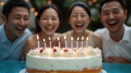 A group of happy Asian friends celebrating a birthday together with a festive cake at a poolside cabana surrounded by laughter joy and the warmth of friendship