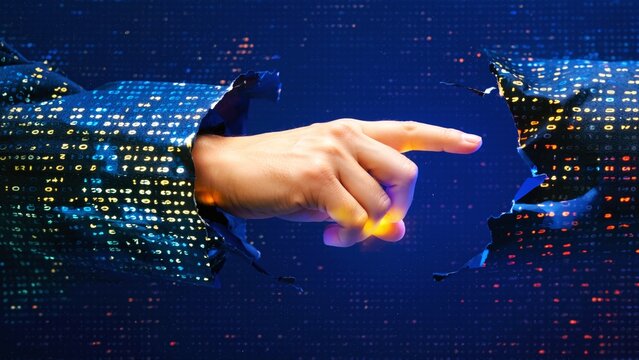 Hand pointing through a digital tear, revealing a world of glowing data streams and binary code.